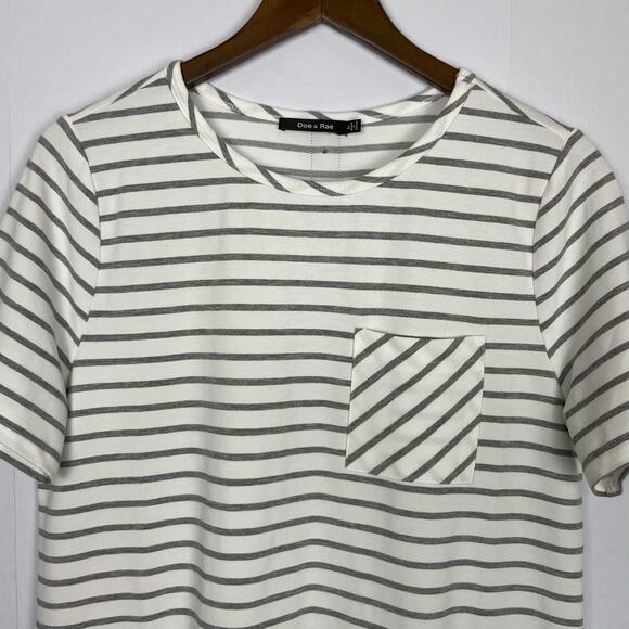 Doe & Rae | White & Gray Stripe Jersey Knit Soft Knee Length Shift Dress - Picture 3 of 8